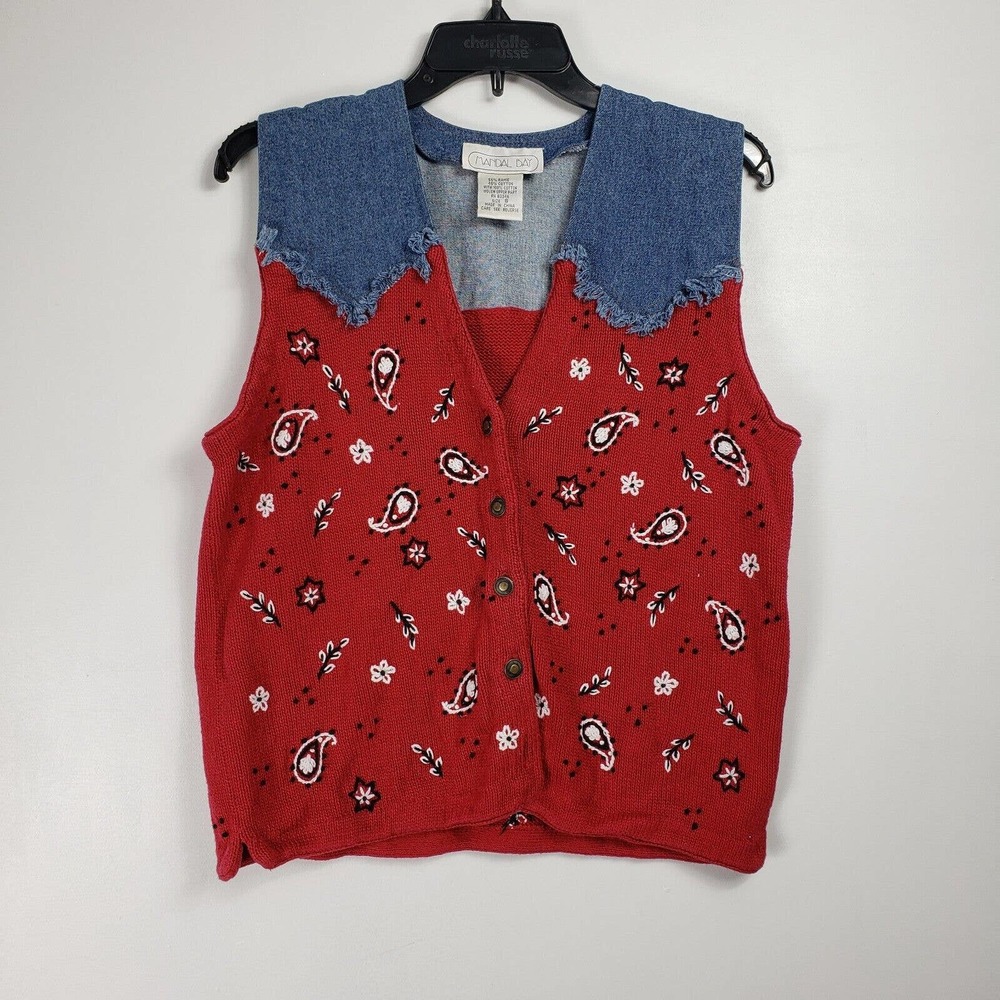 Mandal Bay Vest Womens Size S Red Bandana Print Knitted Denim Paisley Sleeveless